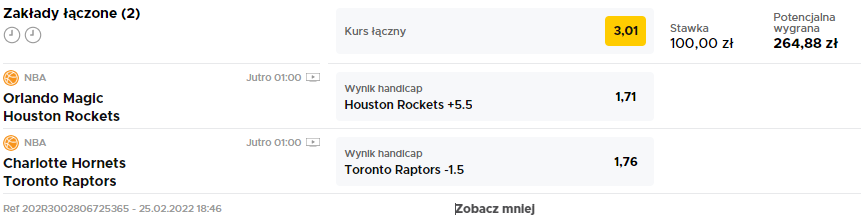 Gramy dwa typy. Zwycięstwo Toronto Raptors i Houston Rockets z dodatnim handicapem.