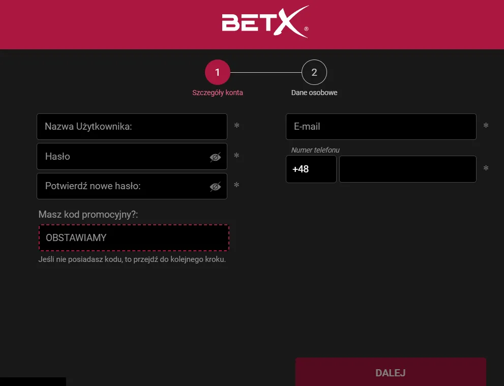 betx rejestracja kod promocyjny